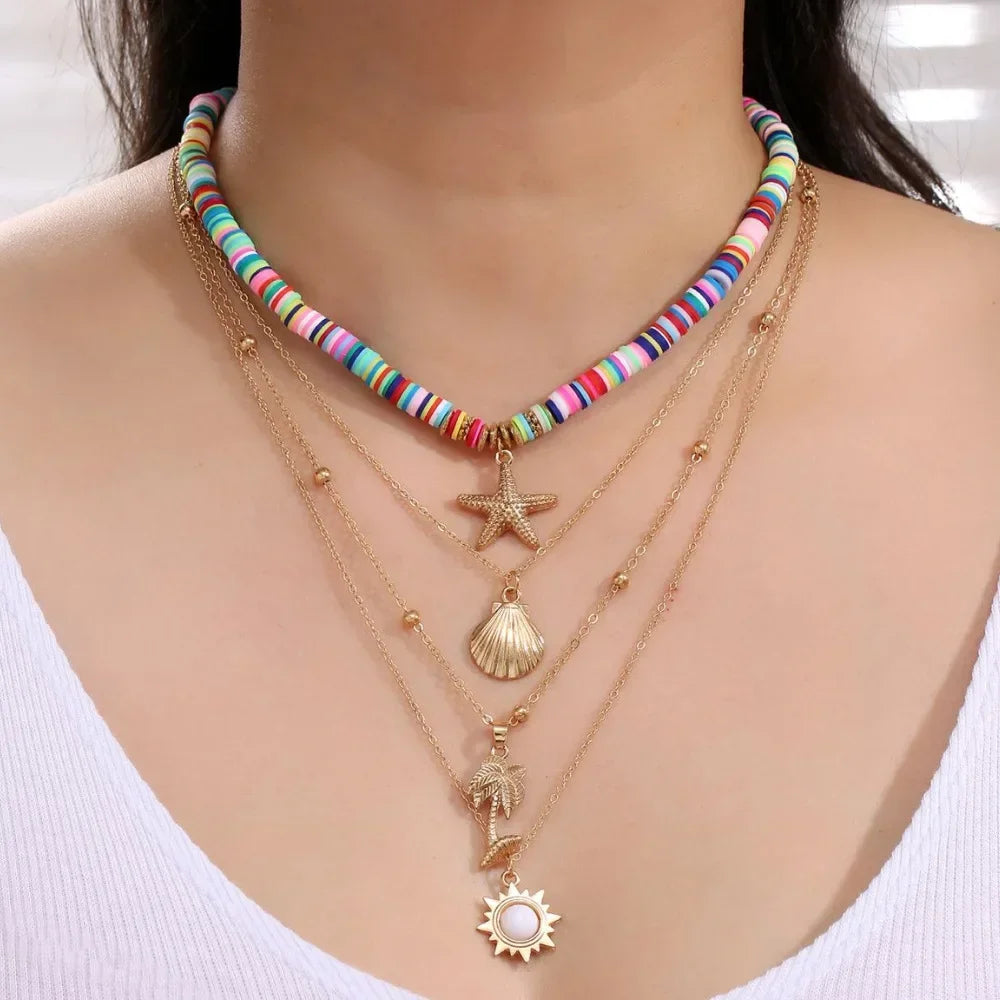 Bohemian Clay Shell Star Pendant Layered Necklace for Women