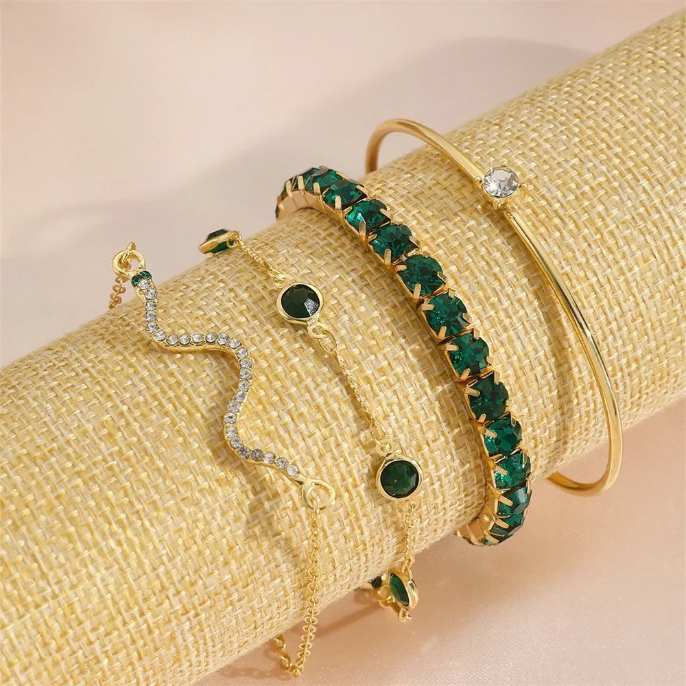 Green Gemstone Snake Bracelet Set for Women - 4 Piece