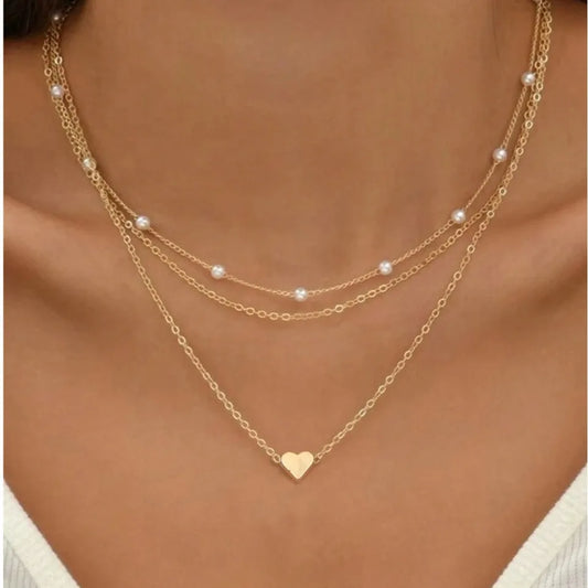 3pcs Women's Pearl Necklace Set 14K Gold Love Heart Pendant Hypoallergenic Waterproo