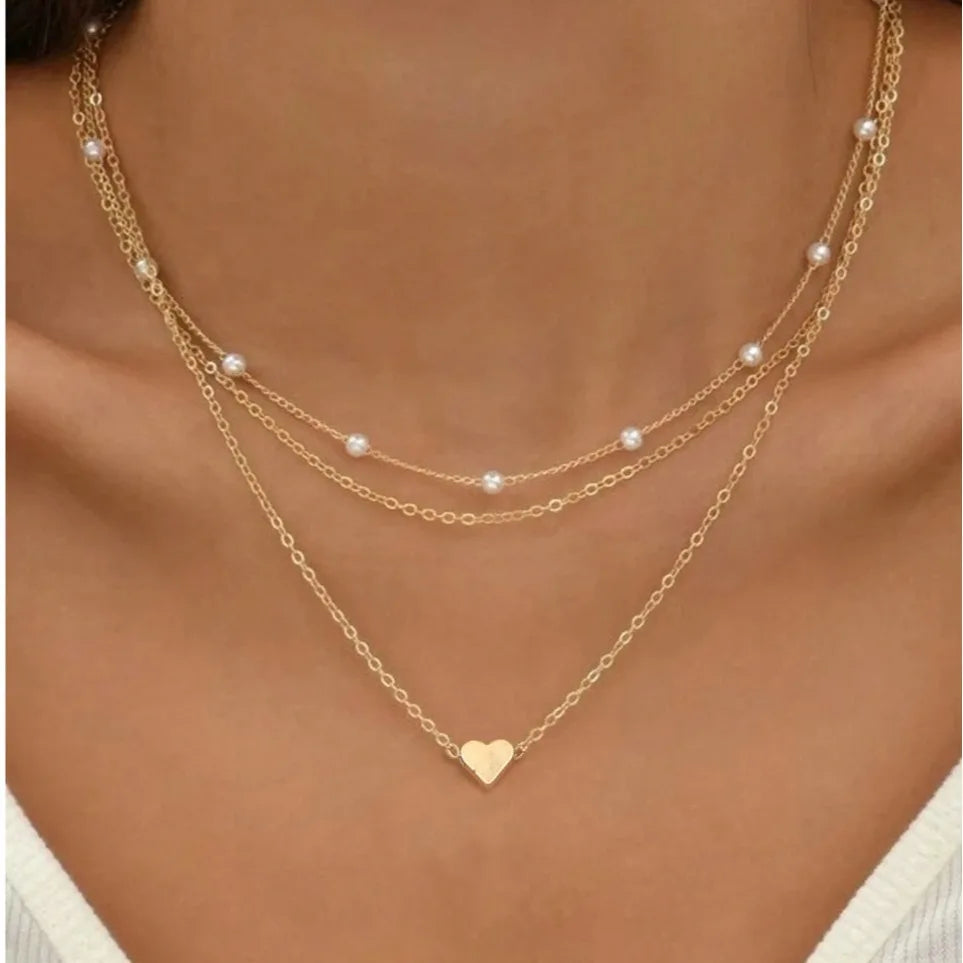 3pcs Women's Pearl Necklace Set 14K Gold Love Heart Pendant Hypoallergenic Waterproo