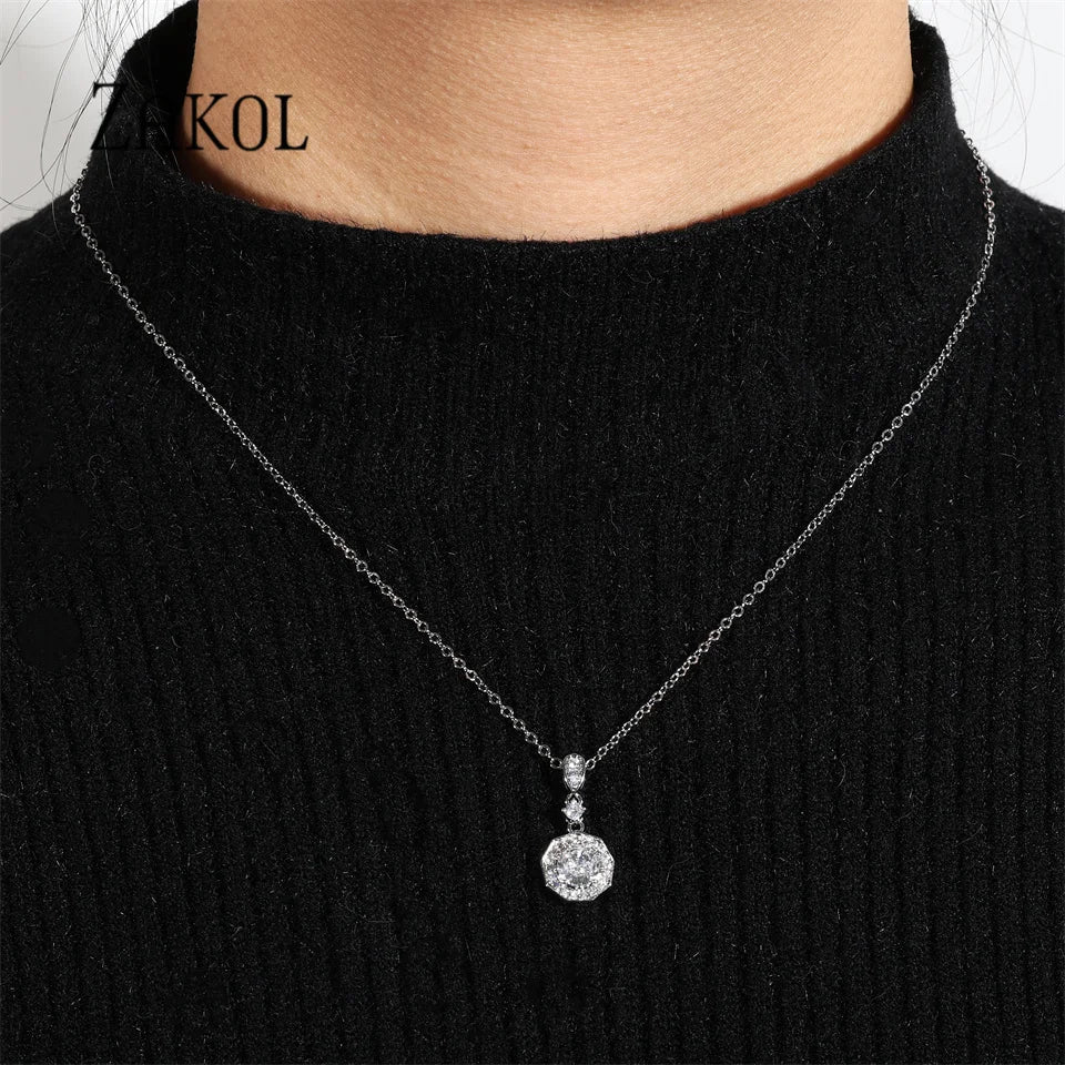 ZAKOL Korean Round Zircon Pendant Necklace – Titanium Steel Jewelry