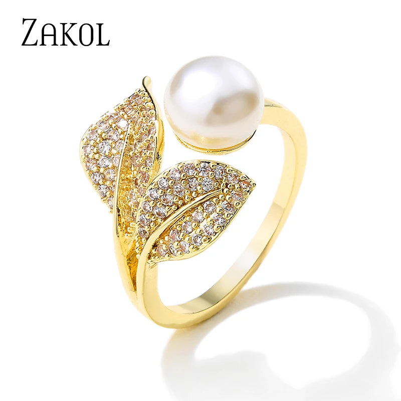 ZAKOL Fashion CZ & Imitation Pearl Open Ring