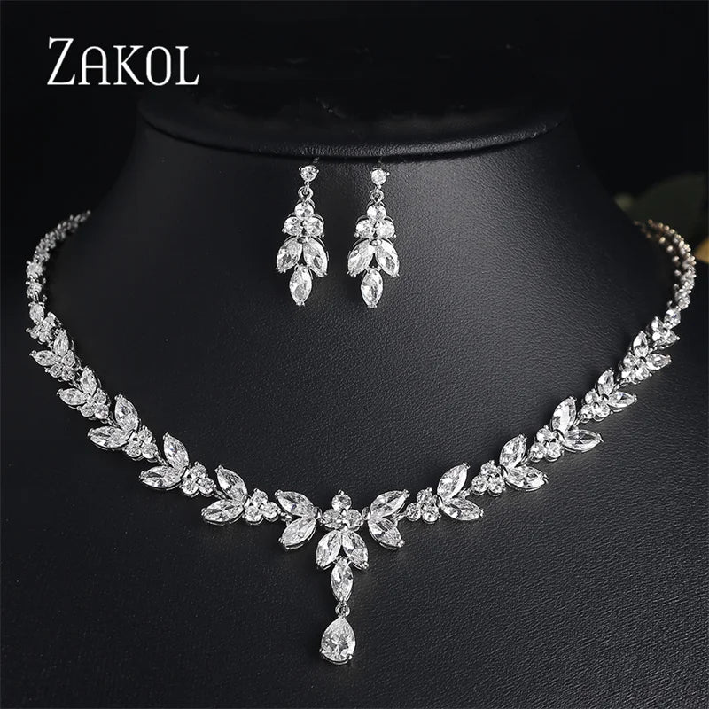 ZAKOL Luxury CZ Leaf Jewelry Set – Necklace, Earrings, Rings & Bracelet for Women