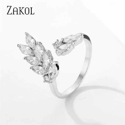 ZAKOL Luxury Cubic Zirconia Leaf Opening Finger Rings for Women Statement Ring Party Jewelry Gifts