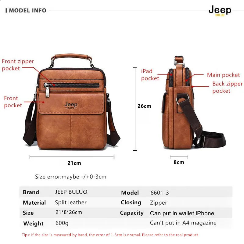 JEEP BULUO - Men's Premium Split Leather Crossbody Messenger Bag – Stylish & High-Quality Business Tote