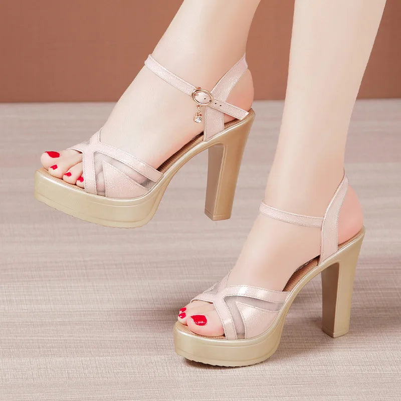 Summer leather sandals for women 10cm high heel