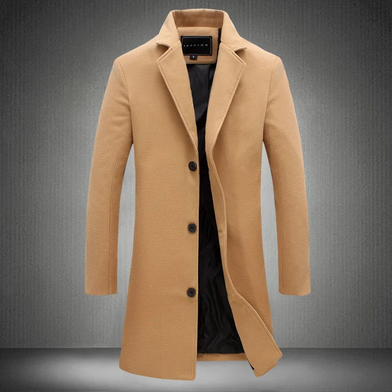 Men's Mid-Length Trench Coat - Classic Single-Breasted Jacket