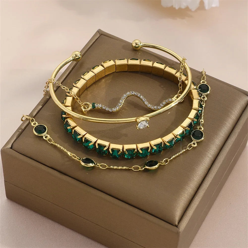 Green Gemstone Snake Bracelet Set for Women - 4 Piece