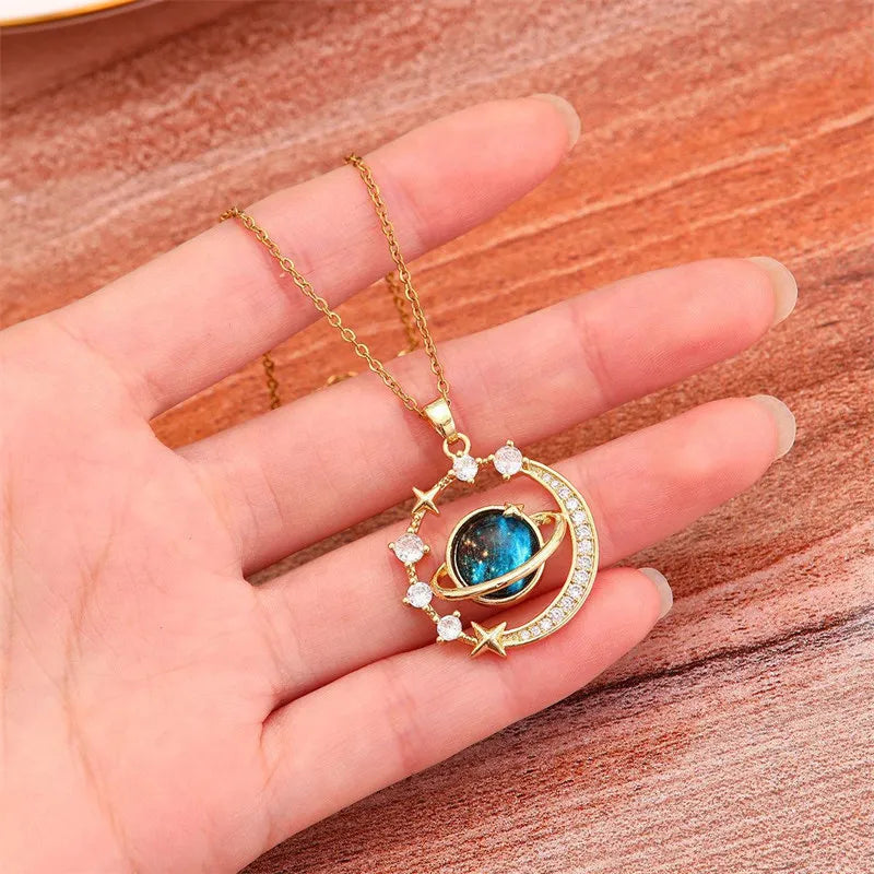 Luxury Zircon Planet Moon Pendant Necklace for Women Titanium Steel Butterfly Clavicle Chain Jewelry