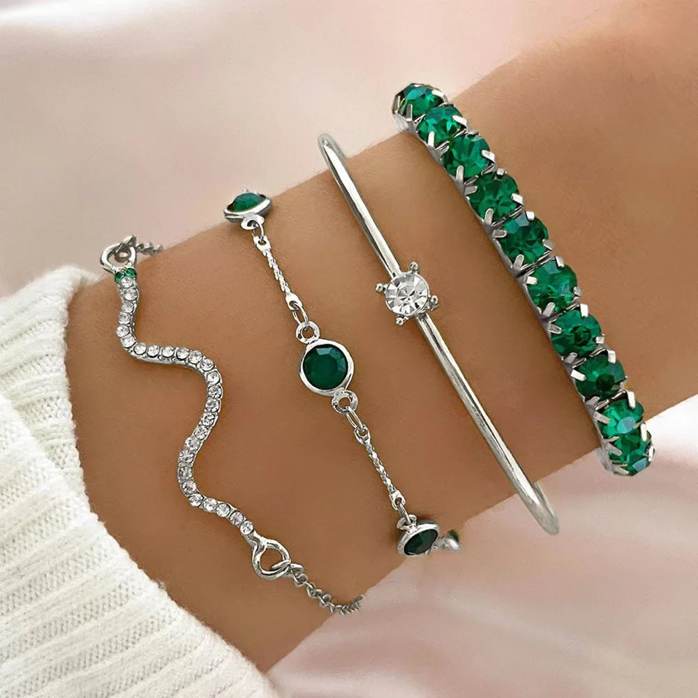 Green Gemstone Snake Bracelet Set for Women - 4 Piece