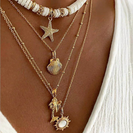 Boho Clay Shell & Sun Pendant Layered Necklace – Women's Beach Jewelry